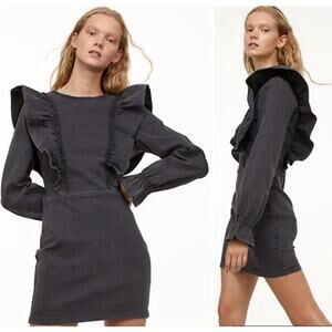NWT H&M Divided Ruffle Denim Dress Bodycon Long Sleeve Mini Womens XS Black Jean